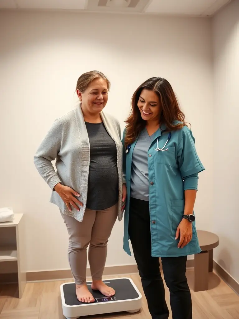 A patient measuring progress on a digital scale with a healthcare provider nearby, celebrating a weight loss milestone with encouragement.