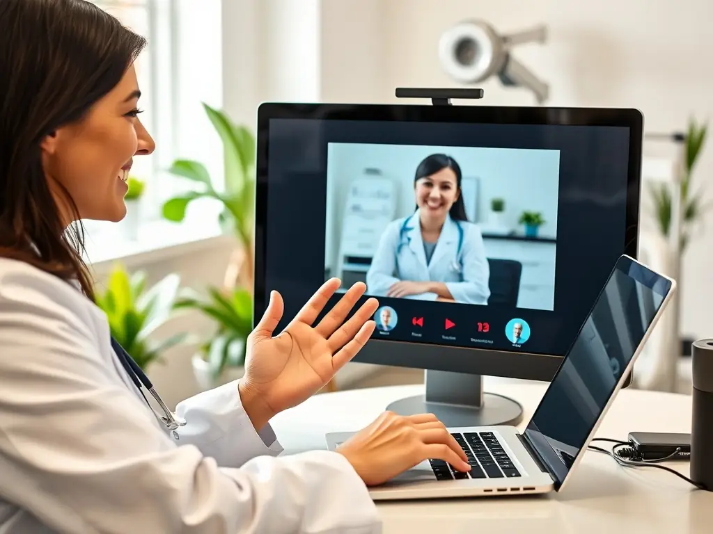 A friendly doctor is consulting with a patient via video call on a laptop, showcasing the convenience of BestLife Med's Telehealth services. The setting is a modern, well-lit office.