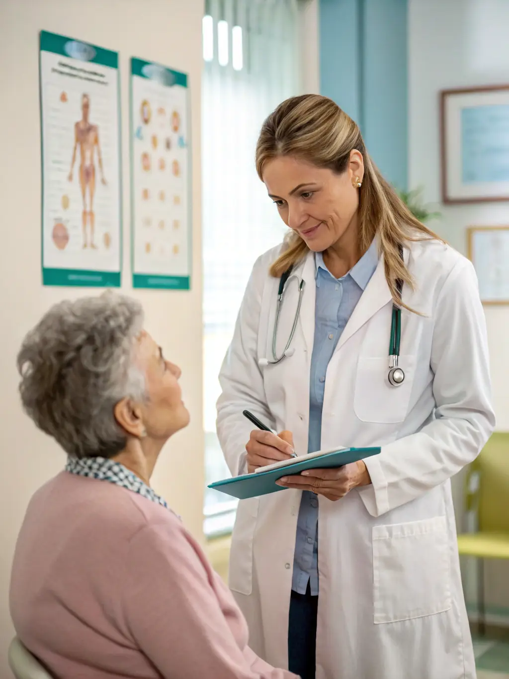 A healthcare professional discussing wellness strategies with a patient in a bright, welcoming clinic, emphasizing a holistic approach to health.