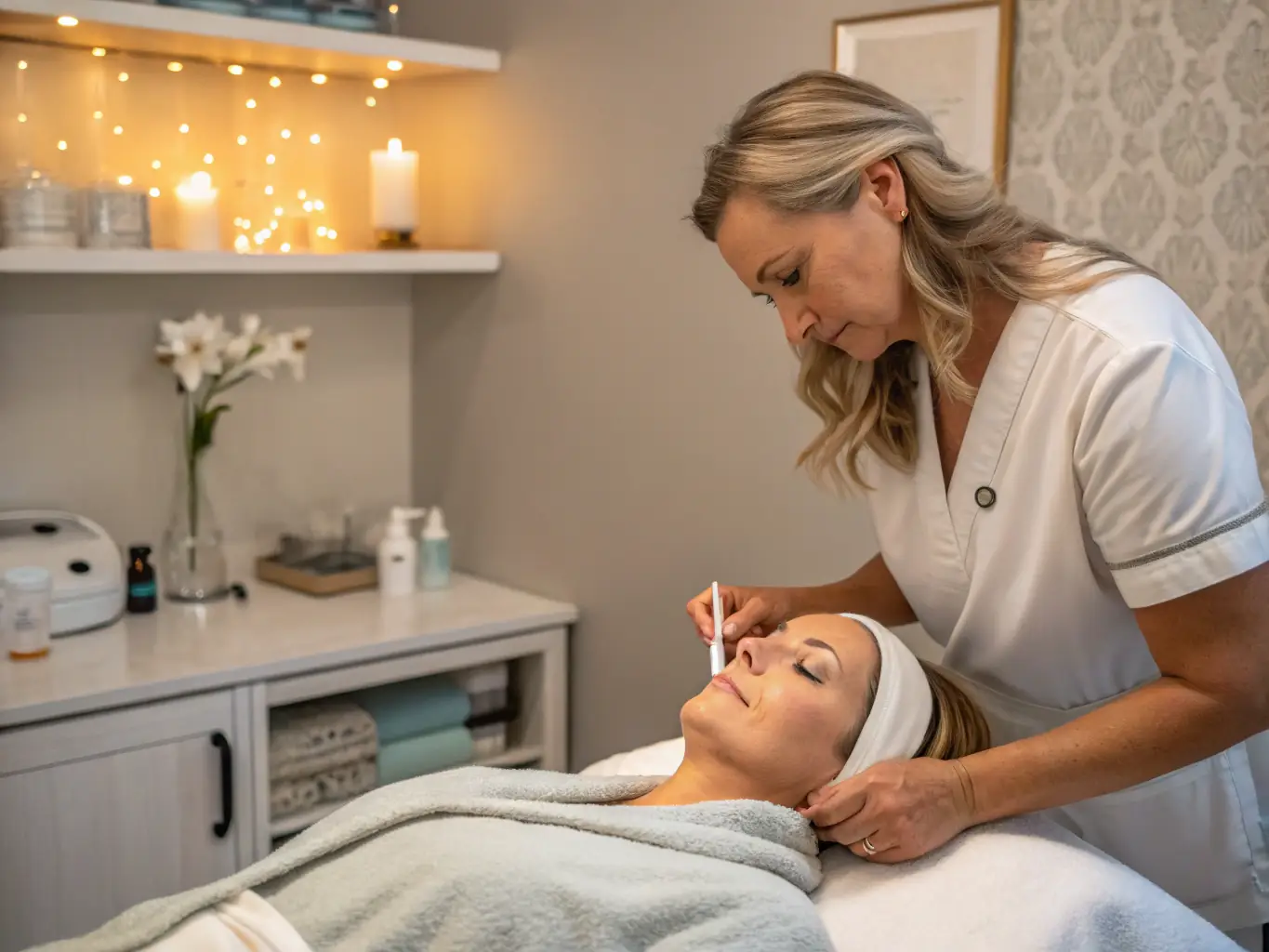 A close-up shot of a doctor performing a non-invasive aesthetic treatment on a patient's face, highlighting the precision and care involved in BestLife Med's aesthetic services. The environment is a clean, modern clinic room.