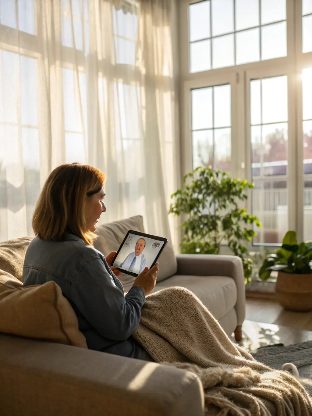 A patient engaging in a virtual consultation on a laptop with a healthcare provider, smiling and looking relaxed, in a modern home setting.