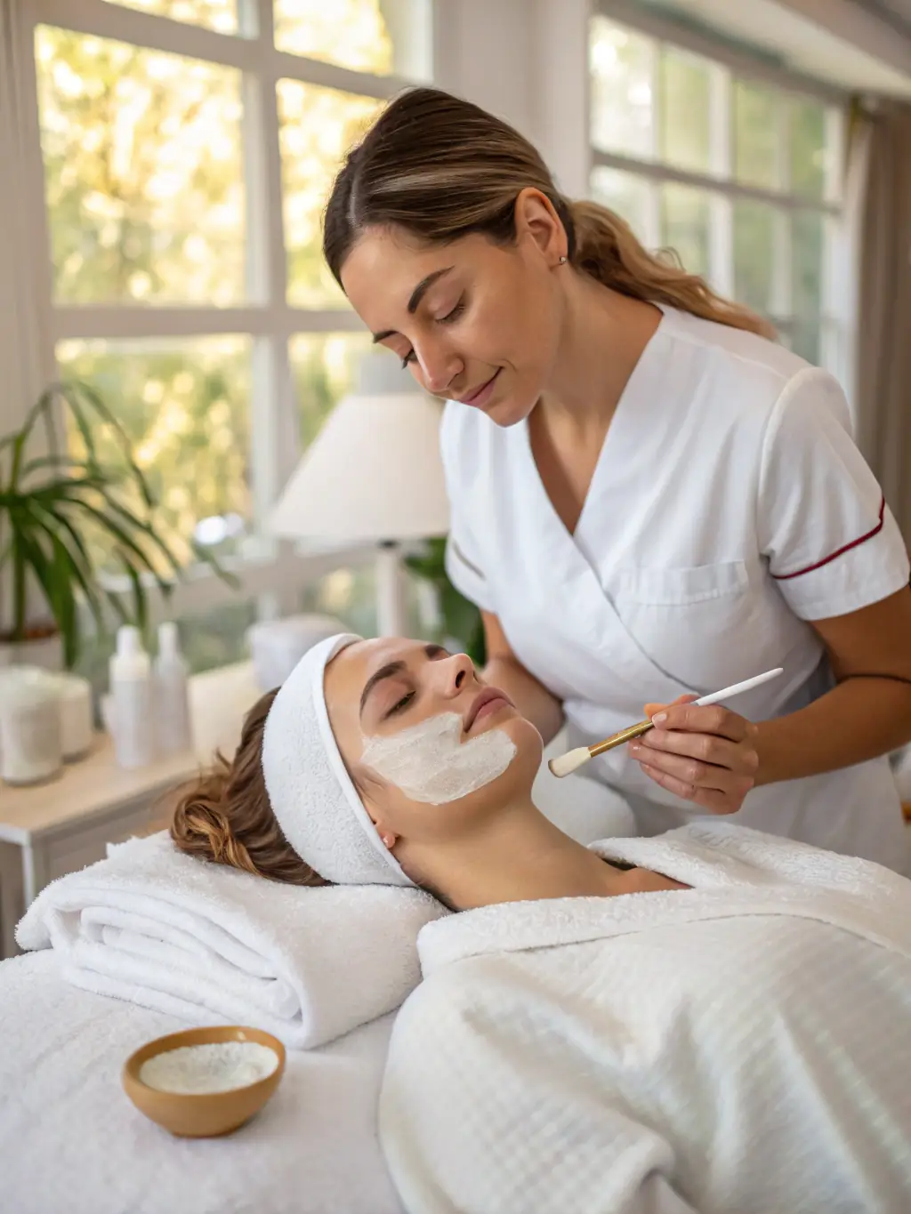 A close-up of a patient receiving a gentle facial treatment in a modern clinic setting, with soft lighting and a serene atmosphere.
