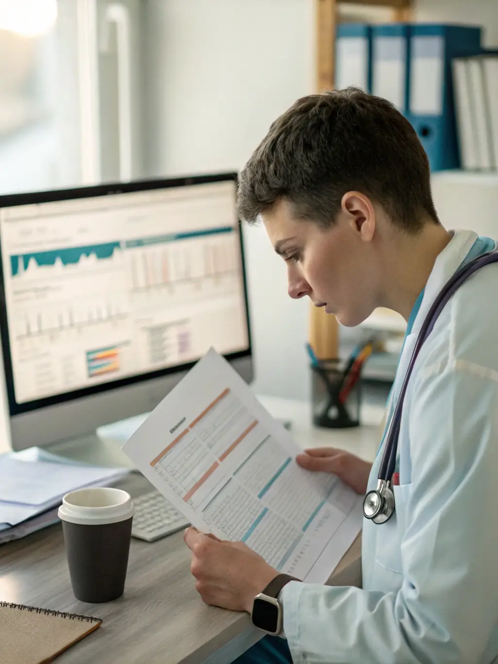 A close-up shot of a medical professional at BestLife Med, carefully reviewing a patient's electronic health record on a secure, encrypted computer system, ensuring data protection.
